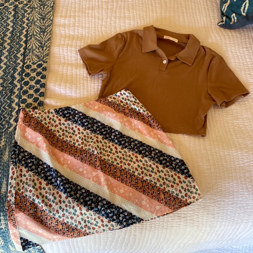 Floral patchwork skirt with crop brown top Bundle